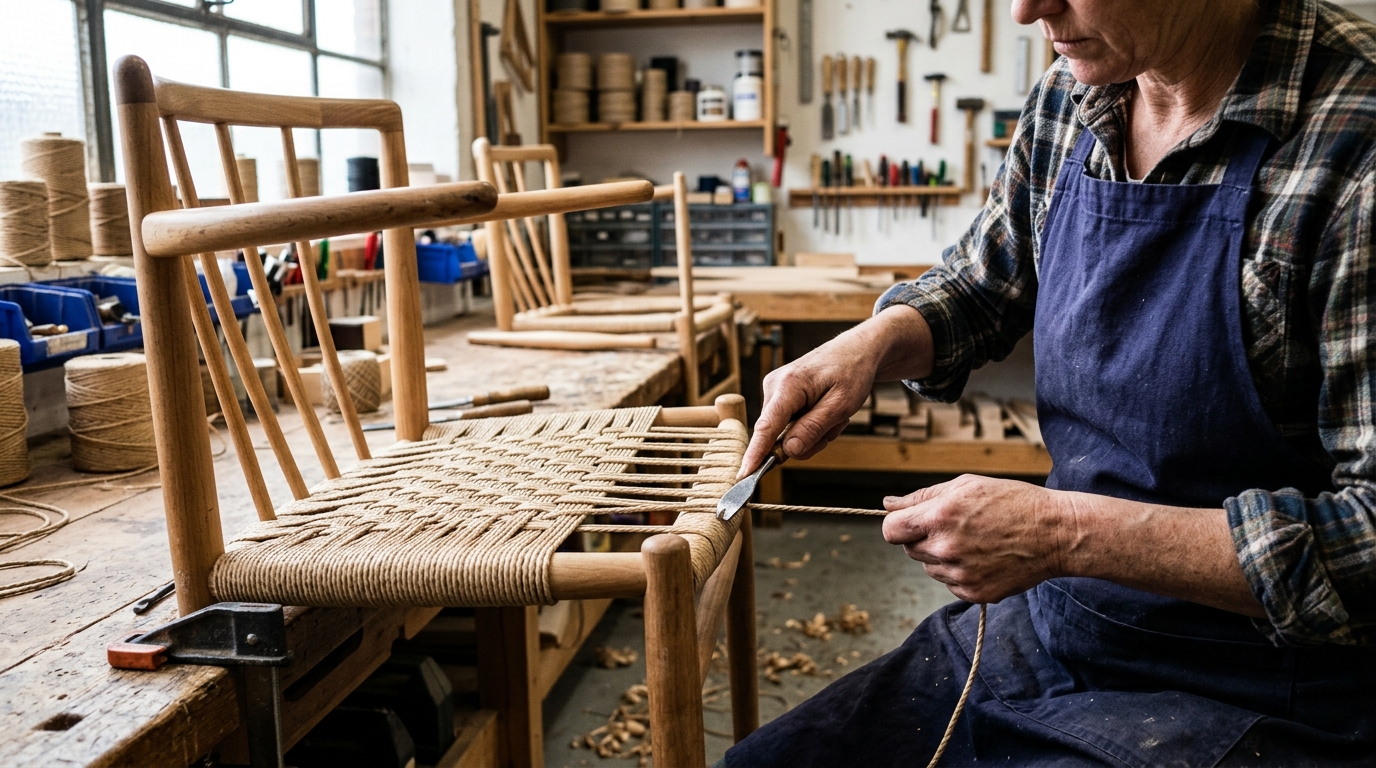 Rushed Seat Rewoven with 6 mm Danish Cord on a Hans Wegner Style Dining Chair