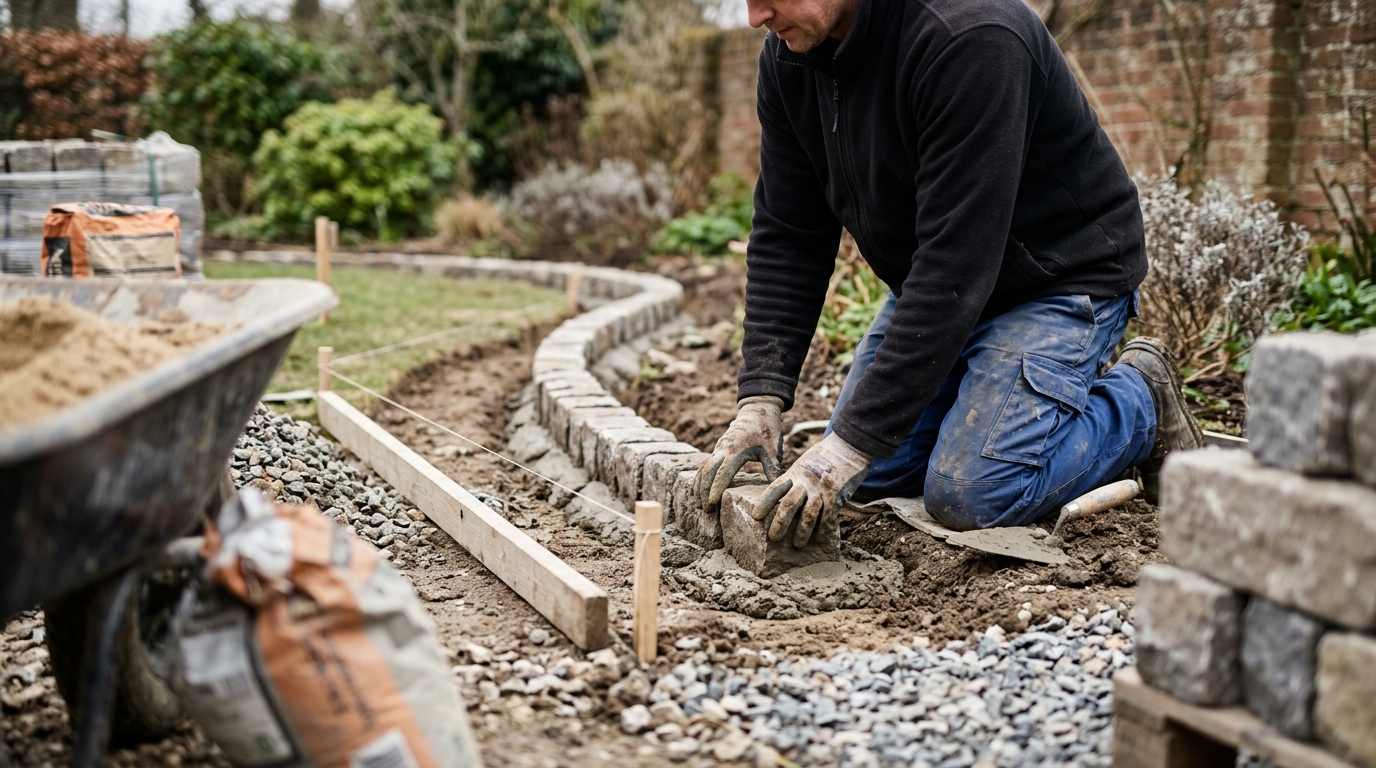9 Step Limestone Garden Path Edging with Marshalls Setts Over a 12-Metre Run