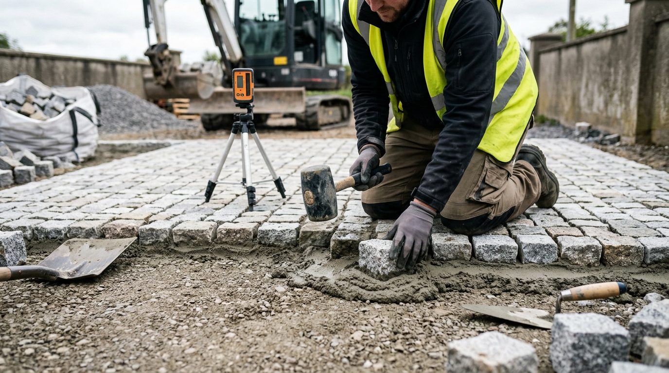 9 Step Granite Sett Driveway Laying with CED Stone Over a 25-Square-Metre Apron