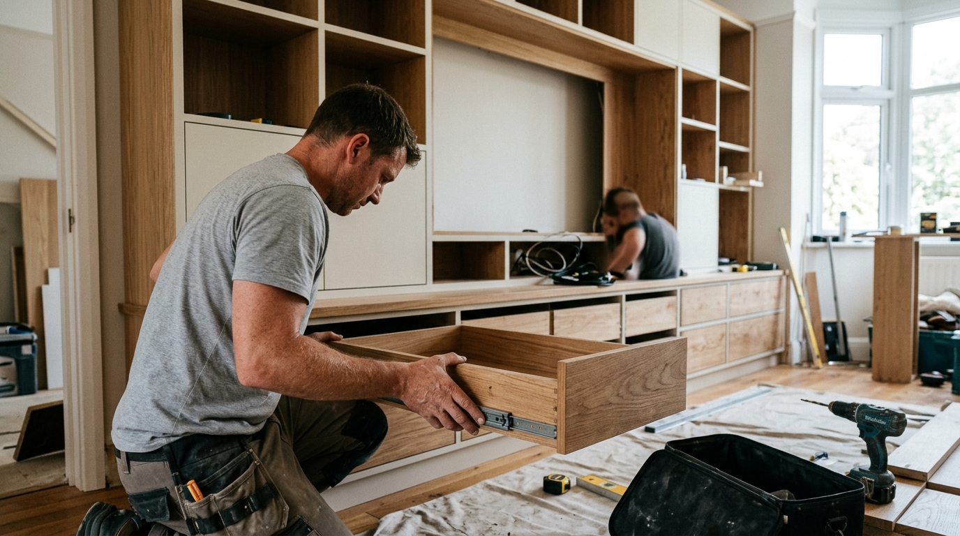 14 Drawers Fitted with Grass Dynapro Runners across a 3.6-Metre Media Wall