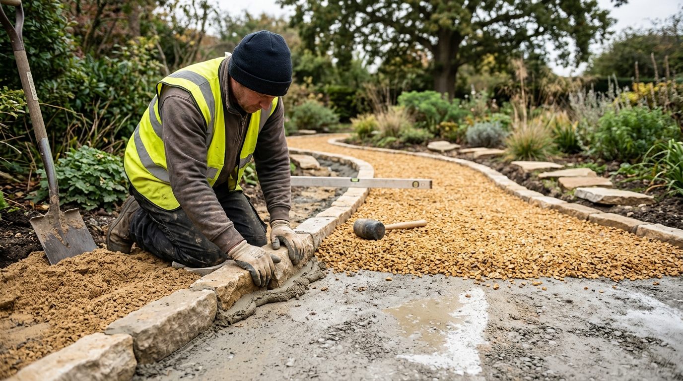 Lay a Curved Cotswold Buff Path into a MOT Type 1 Sub-Base at a 1-in-80 Fall