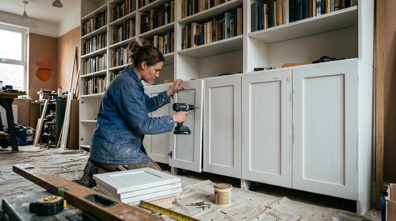 Billy Bookcase Faced with Shaker Fronts for a Built-In 3-Metre Library Look