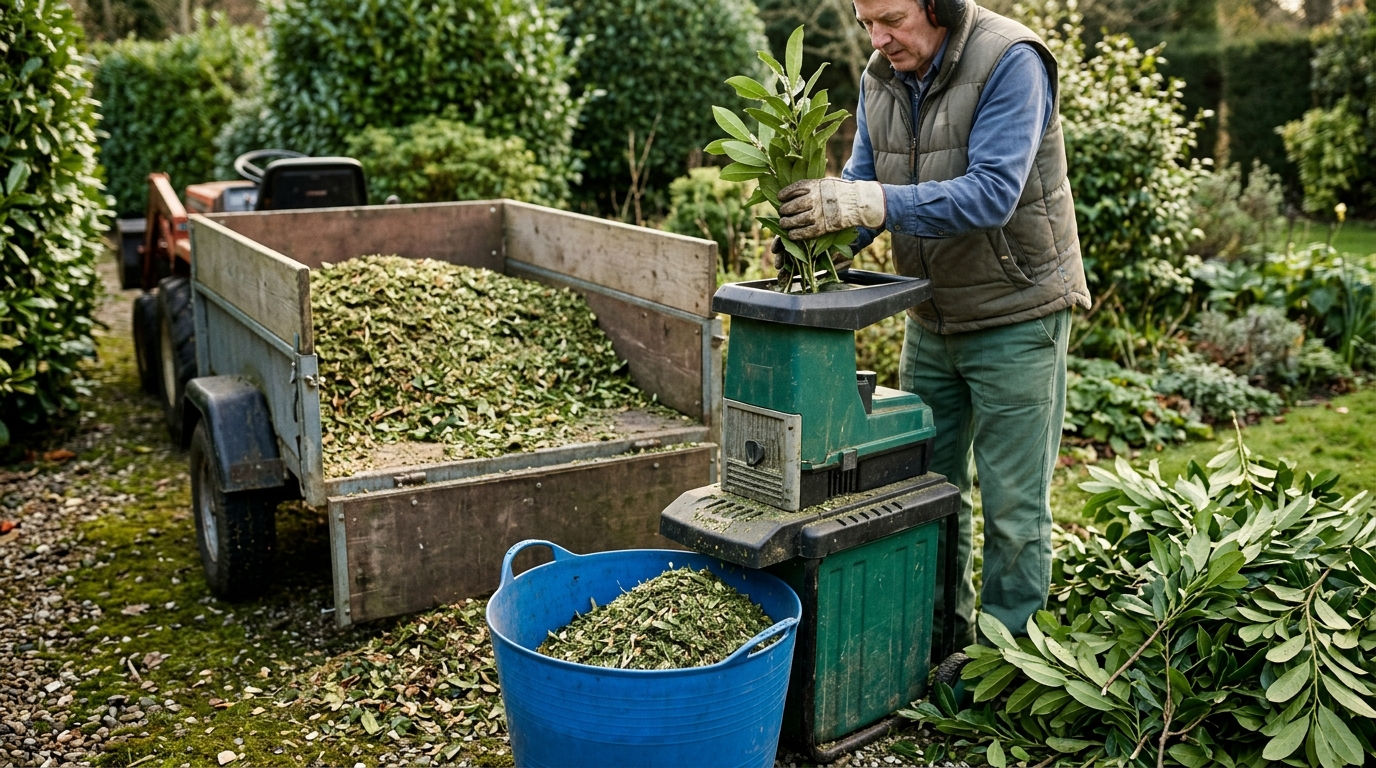Draper Garden Shredder Cuts a Trailer of Laurel Trimmings into 200 Litres of Mulch