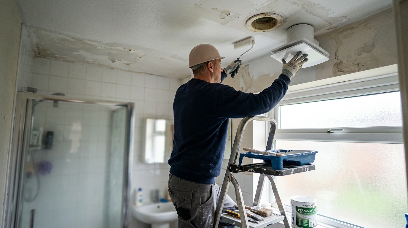 Peeling Paint on a Bathroom Ceiling Corrected with Zinsser Perma-White and a Extractor Upgrade
