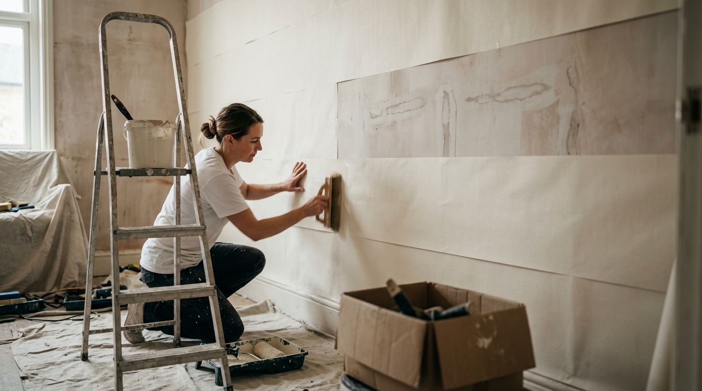6 Rolls of Lining Paper Hung Horizontally to Bridge Hairline Cracks on a Plaster Wall