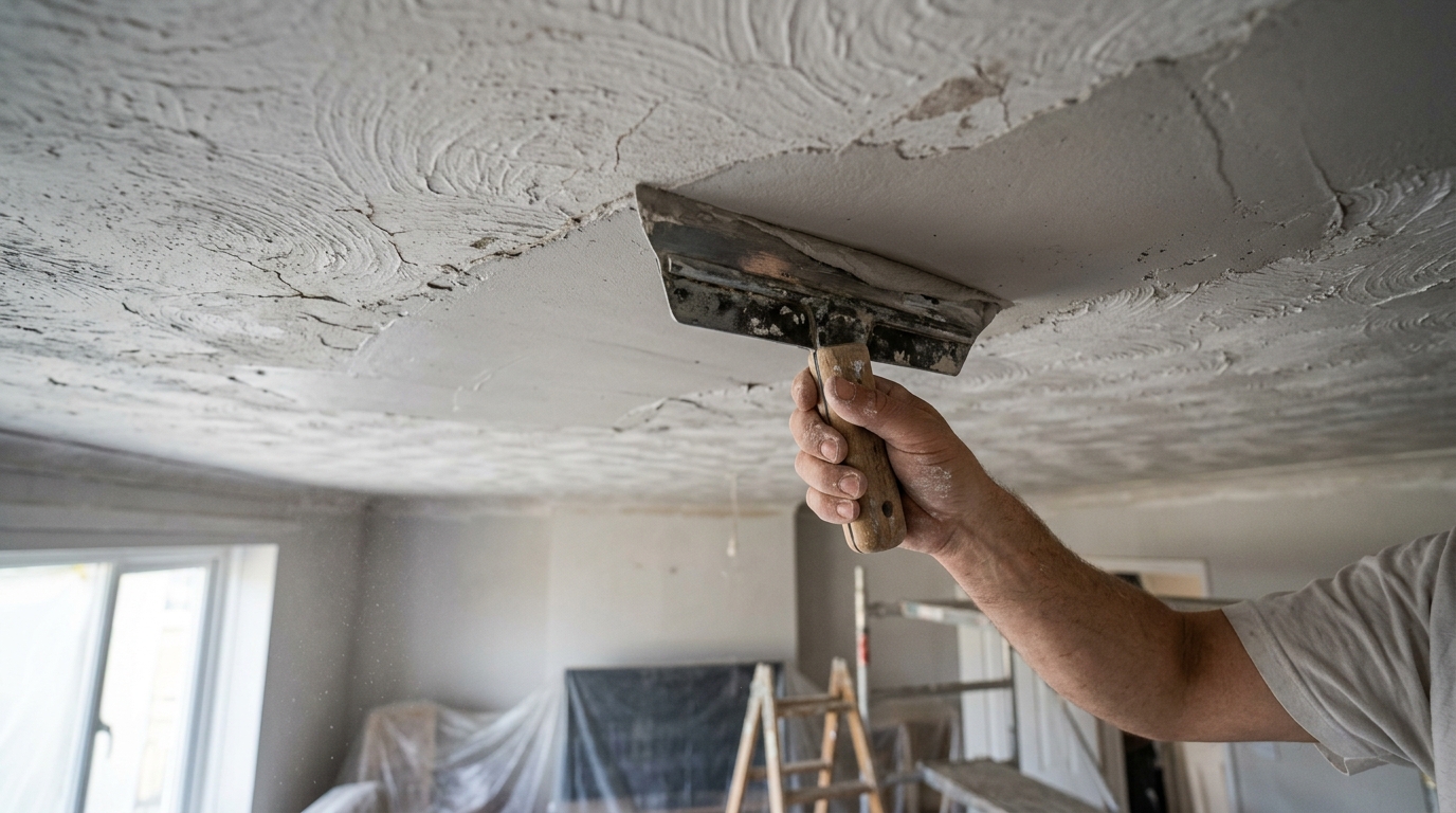 Textured Artex Ceiling Flattened with an Everbuild Skim Stik Bonding Agent Across 18 Square Metres