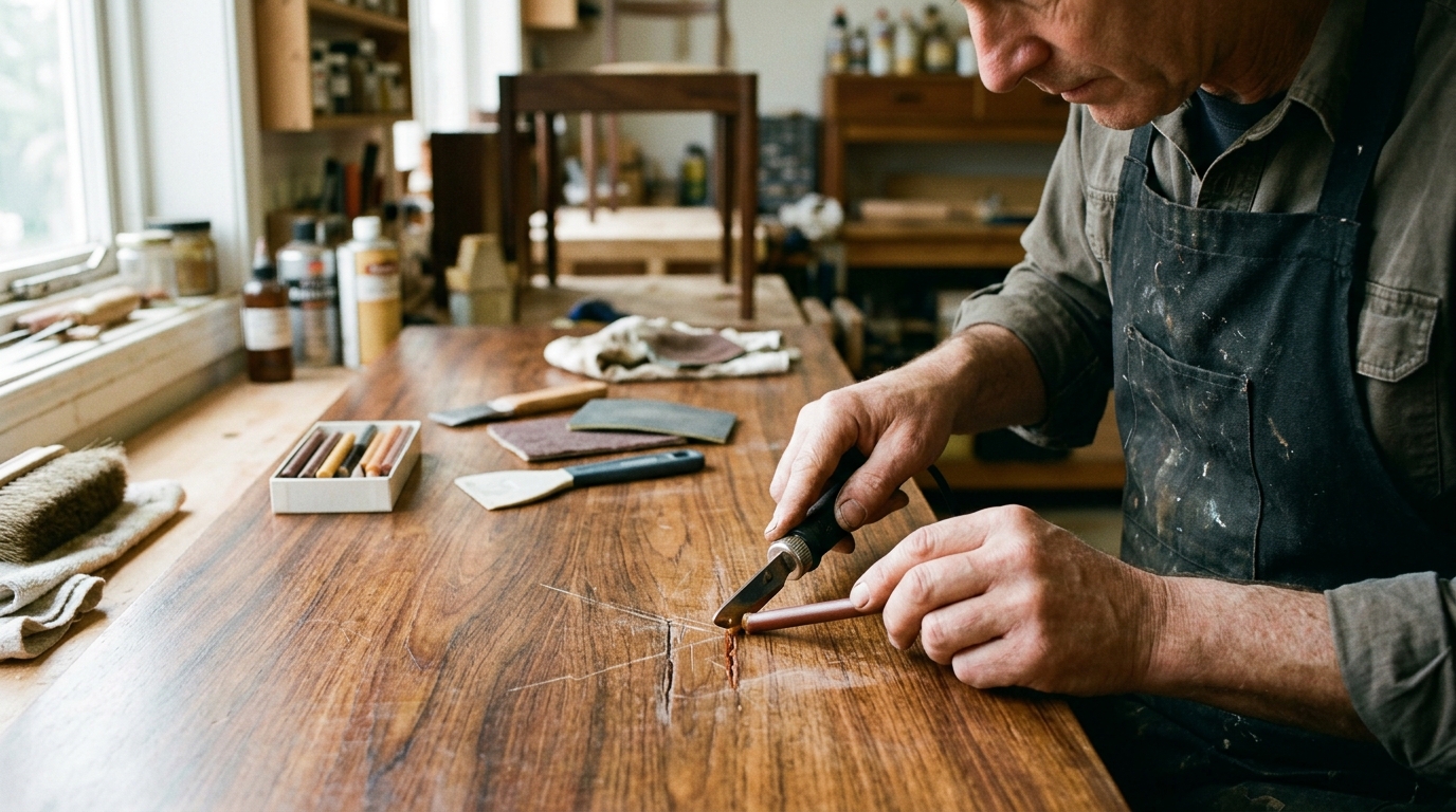 8 Deep Scratches Filled on a Rosewood Desk with Konig Hard Wax Sticks and a Heated Knife