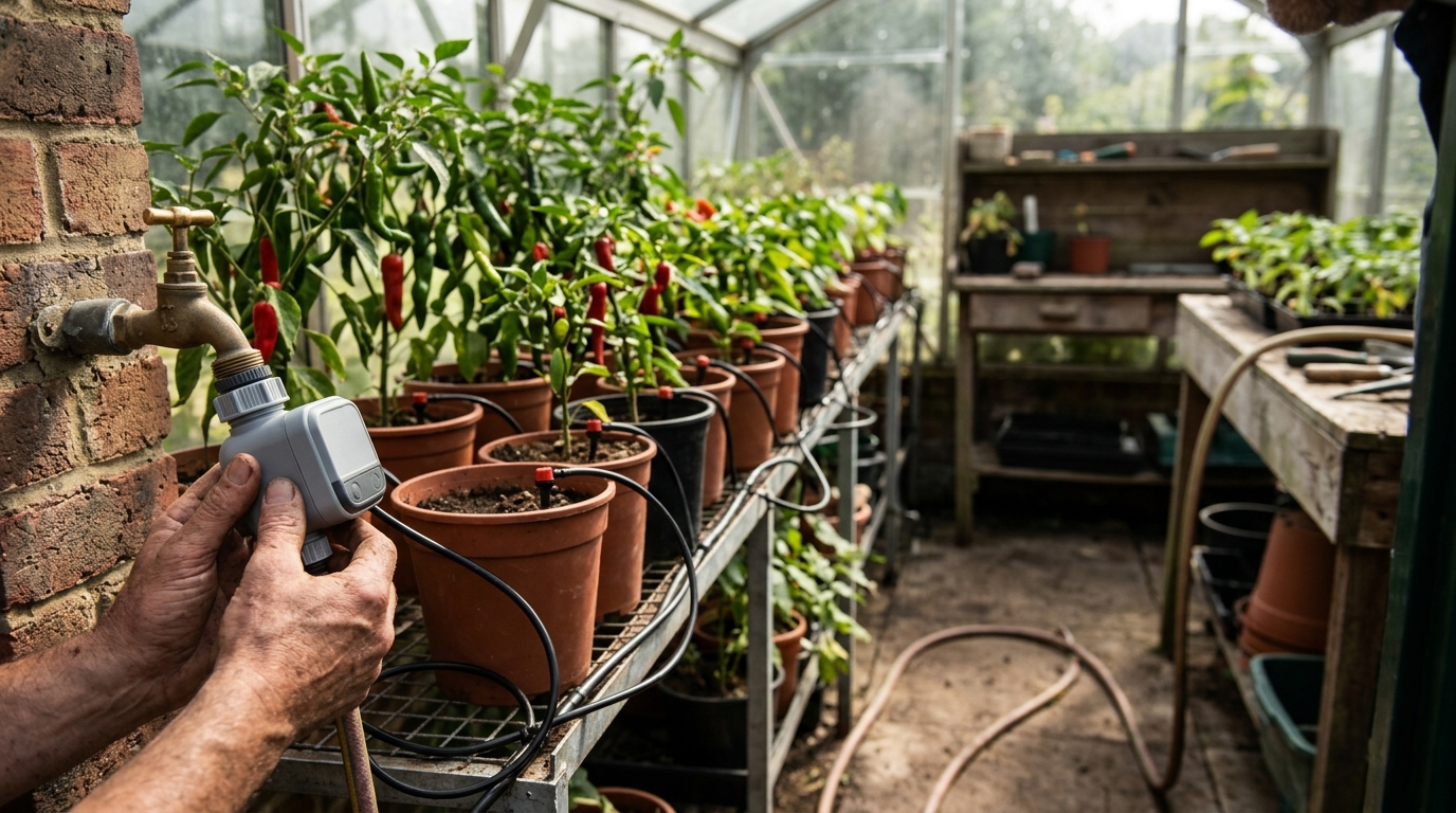 Up to 40% Less Watering from a Hozelock AC Plus Timer on a 20-Pot Chilli Run