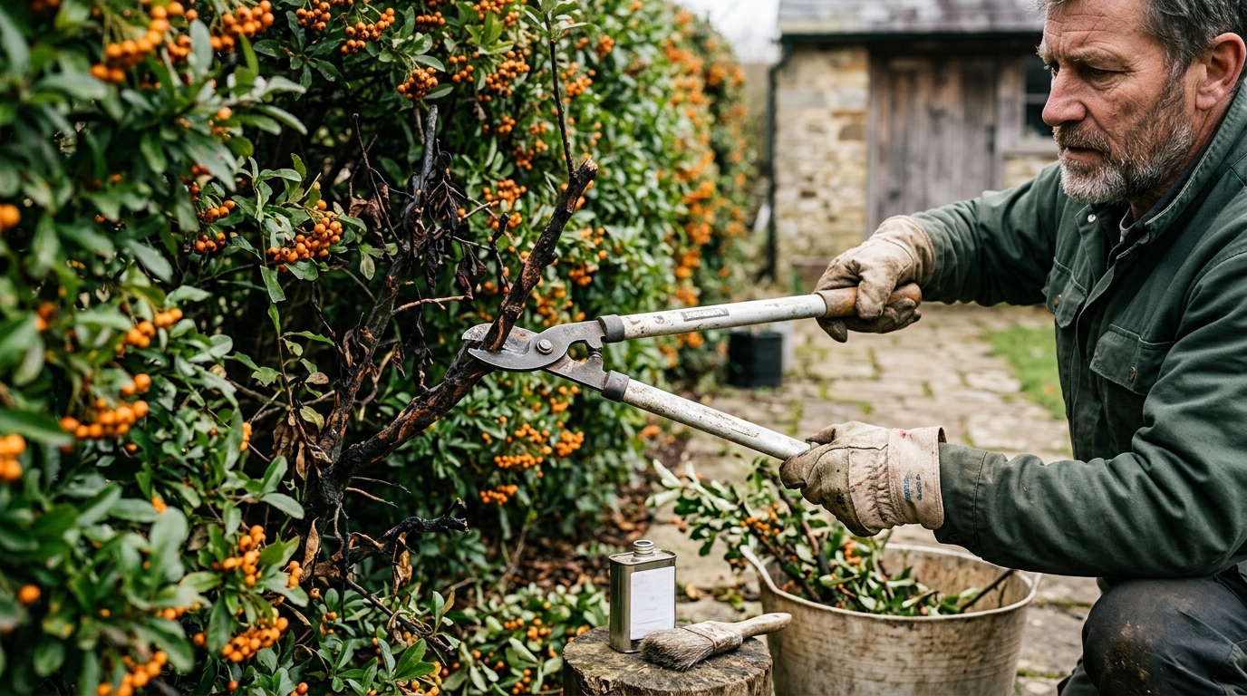 Fireblight Cut Out of a Pyracantha Screen with Sterilised Bahco Loppers
