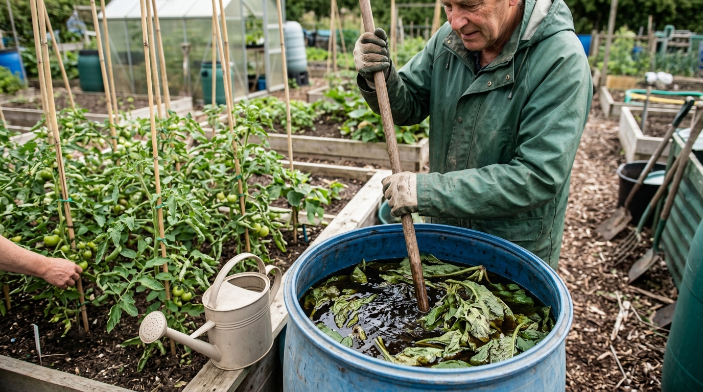 Comfrey Bocking 14 Tea Brewed in a Water Butt for a 12-Plant Tomato Feed