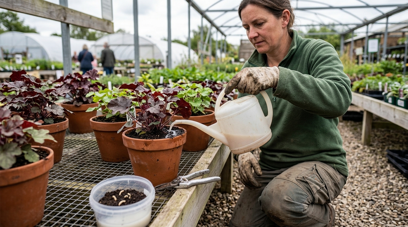 Vine Weevil Grubs Cleared from Heuchera Pots with Nemasys Biological Drench