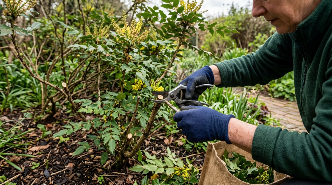 9 Step Mahonia Charity Pruning Routine with Niwaki Tobisho Secateurs After Flowering