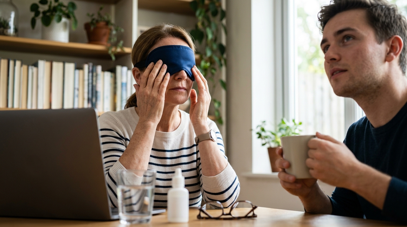 A heated gel mask relaxes screen strained eyes